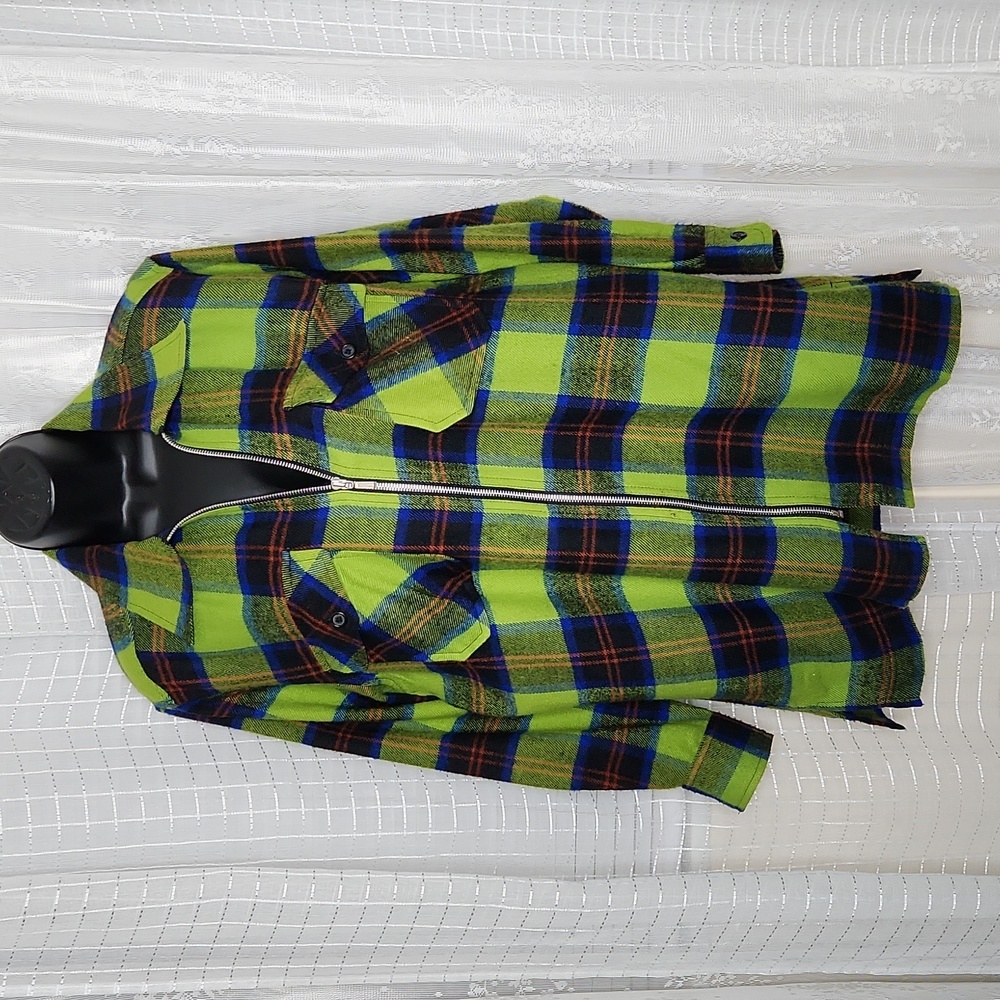 Bright Green Plaid Oversized Zip Up Two Pocket Shacket SzS
